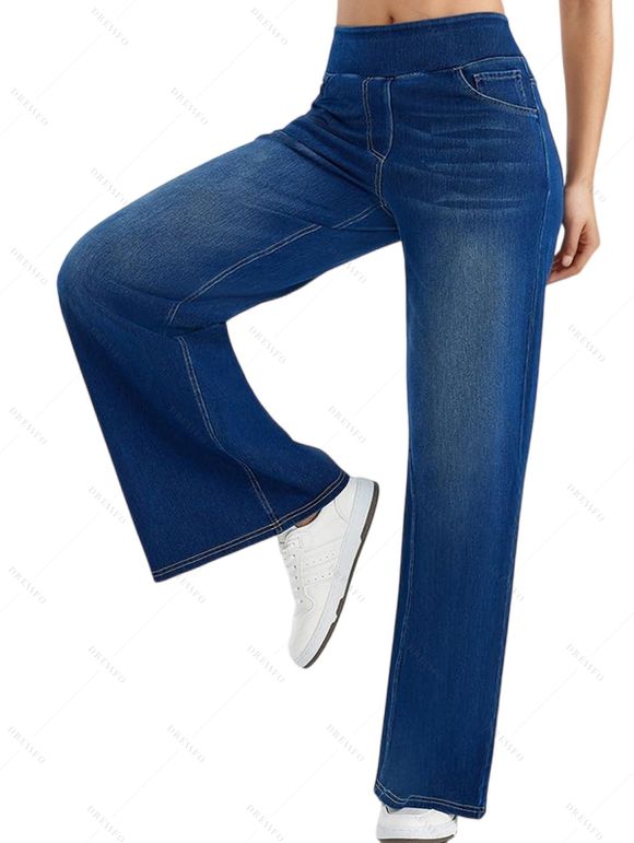 Jean large délavé clair avec poches élastiques et taille haute - Bleu profond S | US 4
