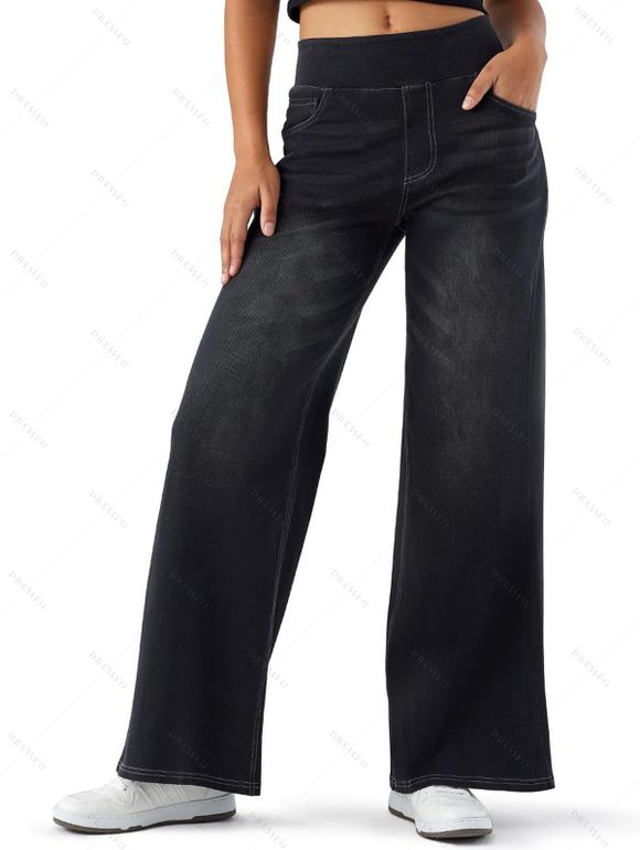 Jean large délavé clair avec poches élastiques et taille haute - Noir S | US 4