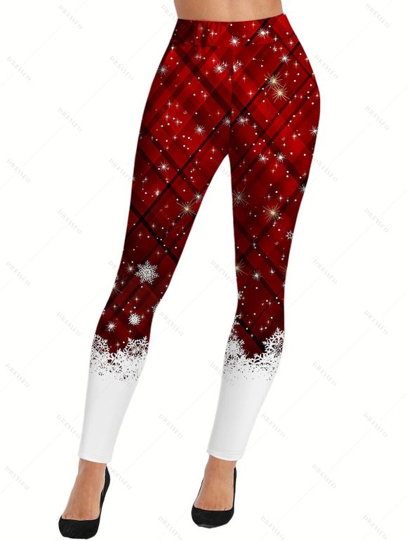 Leggings de Noël à carreaux colorblock, imprimé flocons de neige, taille élastique - Rouge foncé XL | US 12