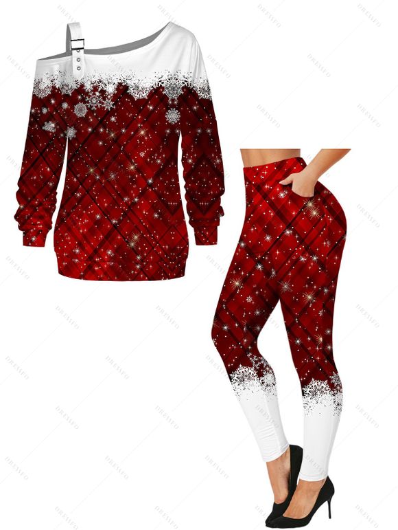 Christmas Outfit Plaid Snowflake Print Buckle Sweatshirt and Leggings Set - Rouge foncé S | US 4