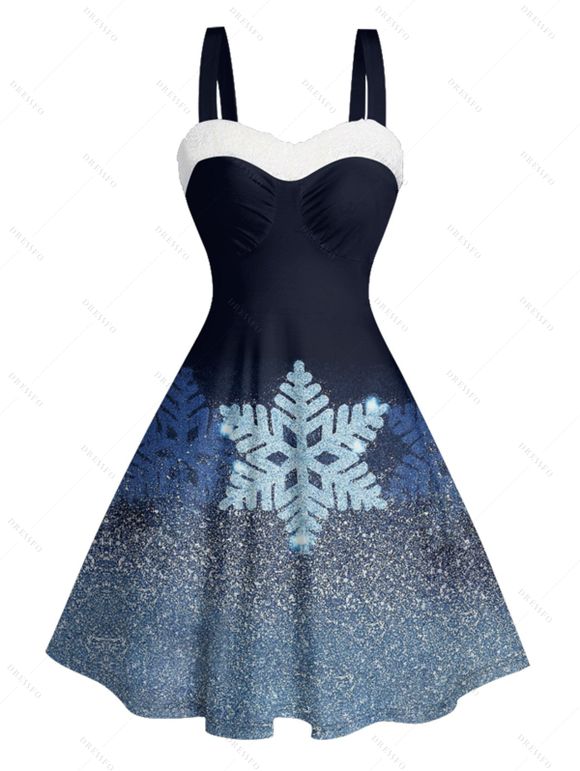 Robe de Noël Mini-robe en fausse fourrure à imprimé flocon de neige brillant - Bleu profond XXXXXL | US 20