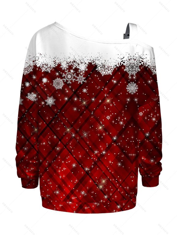 Sweat-shirt de Noël à carreaux colorblock, imprimé flocon de neige, sangle à boucle, col incliné - Rouge foncé XXXL | US 16