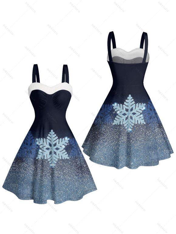 Robe de Noël Mini-robe en fausse fourrure à imprimé flocon de neige brillant - Bleu profond XXXL | US 16