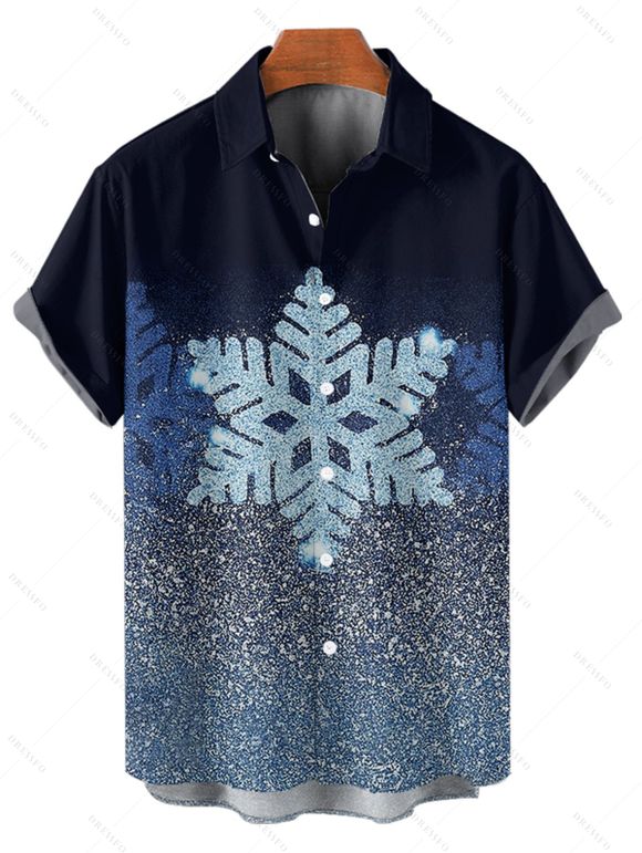 Chemise de Noël pour homme, boutonnée, imprimé flocon de neige brillant - Bleu profond 5XL