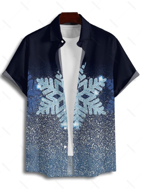 Chemise de Noël pour homme, boutonnée, imprimé flocon de neige brillant - Bleu profond XL