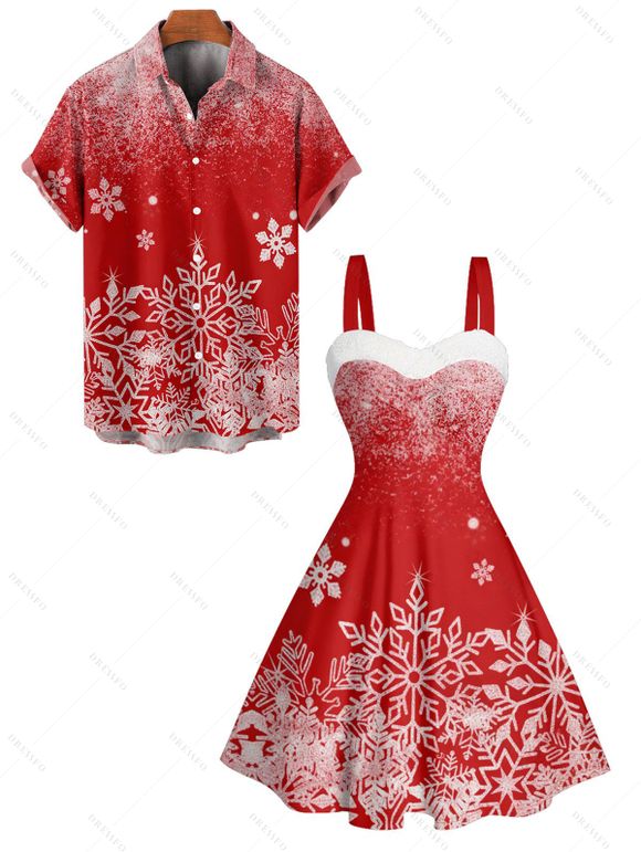 Christmas Couple Outfit Snowflake Print Faux Fur Mini Dress and Shirt Set - Rouge S | US 4