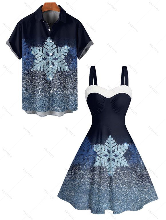 Christmas Couple Outfit Shinny Snowflake Print Faux Fur Dress and Shirt Set - Bleu profond S | US 4
