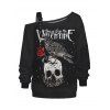 Sweat-shirt gothique à imprimé tête de mort, corbeau, rose, lettres, sangle à boucle, col incliné - Noir XXXXXL | US 20