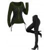 Gothic Women Outfit Lace Up Zip Square Neck Top and Grommet Leggings Set - Vert Armée S | US 4