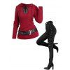 Women Outfit Colorblock Knitted Belt Hoodie Top and Grommet Leggings Set - Rouge Vineux S | US 4