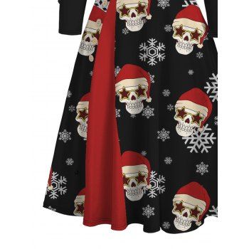 Christmas Dress Skull with Hat Snowflake Print Cinched Skew Neck Long Sleeve Dress