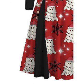 Christmas Dress Snowman with Hat Snowflake Print Cinched Skew Neck Long Sleeve Dress