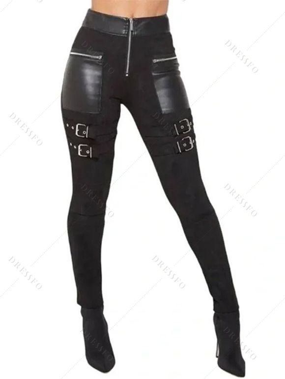 Leggings gothiques de couleur unie avec fermeture éclair et anneau en O et sangle à boucle - Noir XXL | US 14