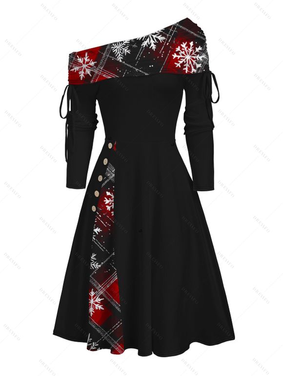 Robe de Noël à carreaux, imprimé flocon de neige, cintrée, col oblique, manches longues - Noir XXXXXL | US 20