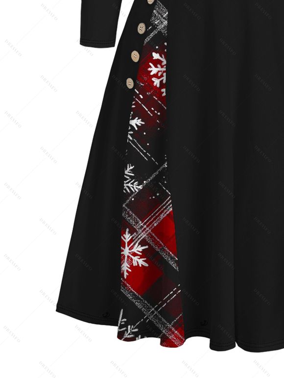 Robe de Noël à carreaux, imprimé flocon de neige, cintrée, col oblique, manches longues - Noir XXXXL | US 18