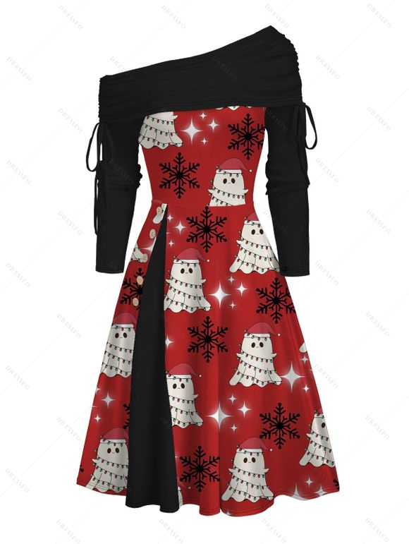 Robe de Noël bonhomme de neige avec chapeau imprimé flocon de neige robe cintrée à col oblique à manches longues - Rouge XXXL | US 16