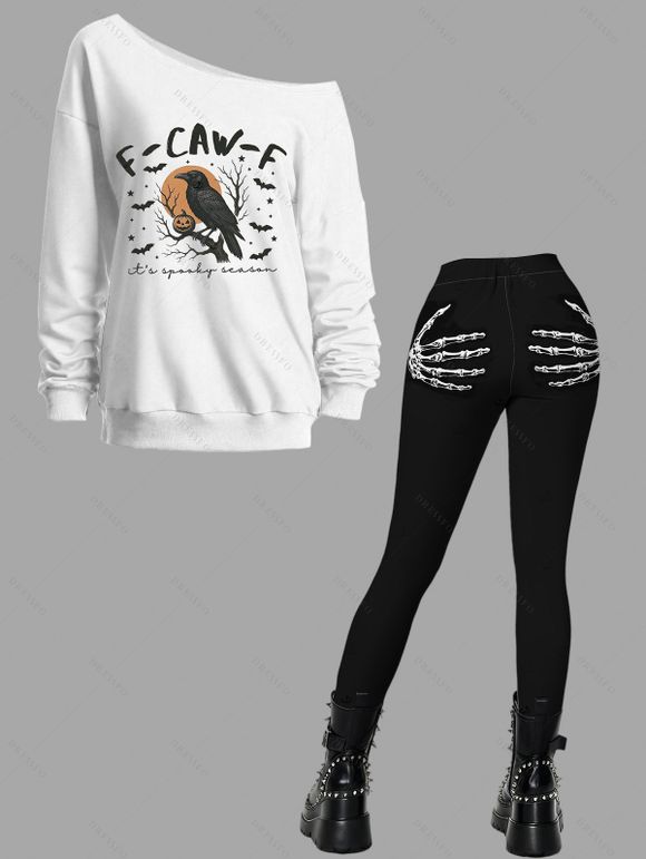 Halloween Outfit F-CAW-F Raven Skew Neck Print Sweatshirt and Leggings Set - Blanc S | US 4