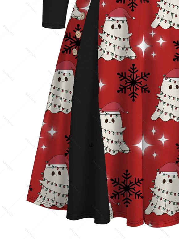 Robe de Noël bonhomme de neige avec chapeau imprimé flocon de neige robe cintrée à col oblique à manches longues - Rouge XXXL | US 16