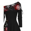 Robe de Noël à carreaux, imprimé flocon de neige, cintrée, col oblique, manches longues - Noir XXXXXL | US 20