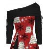 Robe de Noël bonhomme de neige avec chapeau imprimé flocon de neige robe cintrée à col oblique à manches longues - Rouge XXXL | US 16