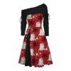 Robe de Noël bonhomme de neige avec chapeau imprimé flocon de neige robe cintrée à col oblique à manches longues - Rouge XXXL | US 16