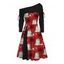 Robe de Noël bonhomme de neige avec chapeau imprimé flocon de neige robe cintrée à col oblique à manches longues - Rouge XXXL | US 16