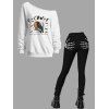 Halloween Outfit F-CAW-F Raven Skew Neck Print Sweatshirt and Leggings Set - Blanc S | US 4