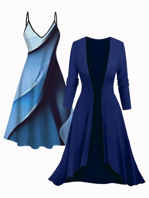 Ensemble robe à bretelles spaghetti imprimée ombrée et haut long ouvert sur le devant