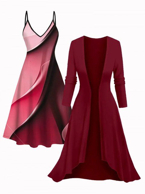 Ensemble robe à bretelles spaghetti imprimée ombrée et haut long ouvert sur le devant