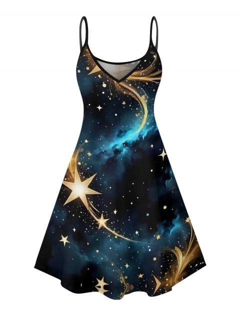 Robe à imprimé étoiles et galaxie, mini-robe à bretelles spaghetti et col en V
