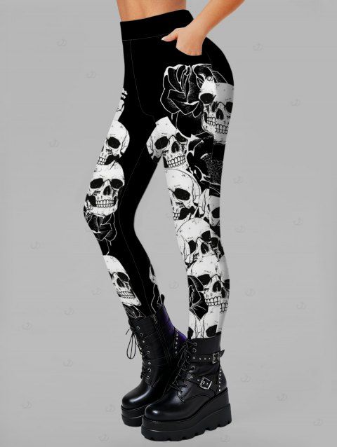 Leggings gothiques taille haute élastiques à imprimé têtes de mort roses