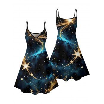 Star Galaxy Print Dress Spaghetti Strap V Neck Mini Dress