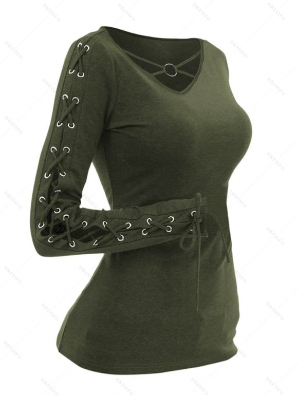 Haut Ajusté Bague en O Manches Longues à Col V à Lacets - Vert profond XL | US 10