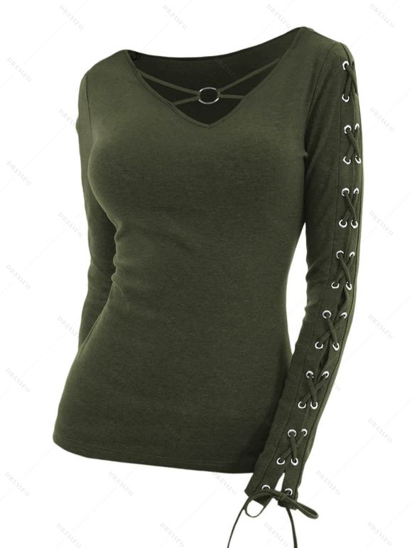 Haut Ajusté Bague en O Manches Longues à Col V à Lacets - Vert profond XL | US 10