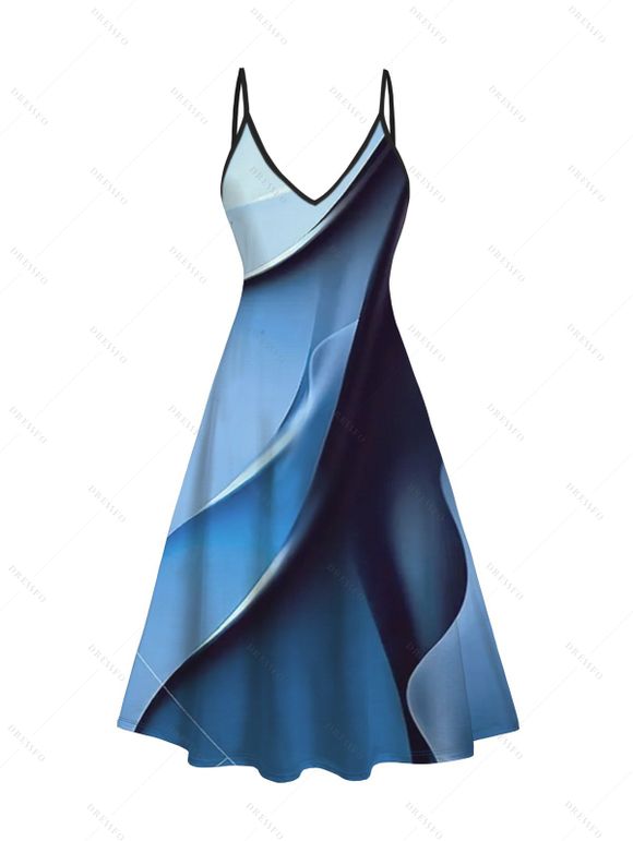 Ensemble robe à bretelles spaghetti imprimée ombrée et haut long ouvert sur le devant - Bleu profond S | US 4