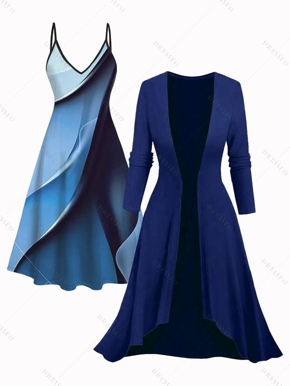 Ensemble robe à bretelles spaghetti imprimée ombrée et haut long ouvert sur le devant - Bleu profond XXL | US 14