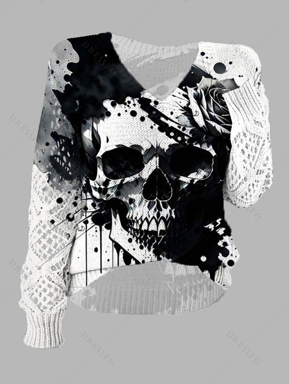 Pull gothique tricoté à imprimé tête de mort et col en V ajouré - Blanc M | US 6