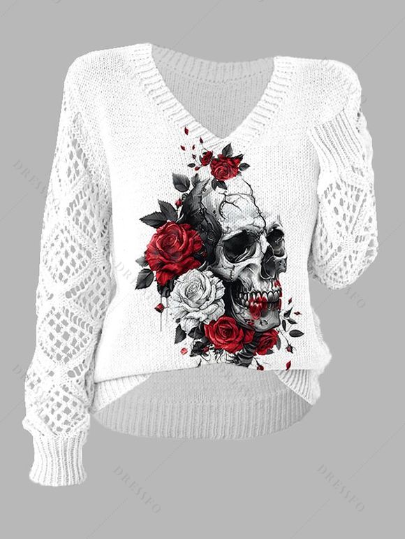 Pull gothique en tricot à imprimé tête de mort et col en V ajouré - Blanc M | US 6