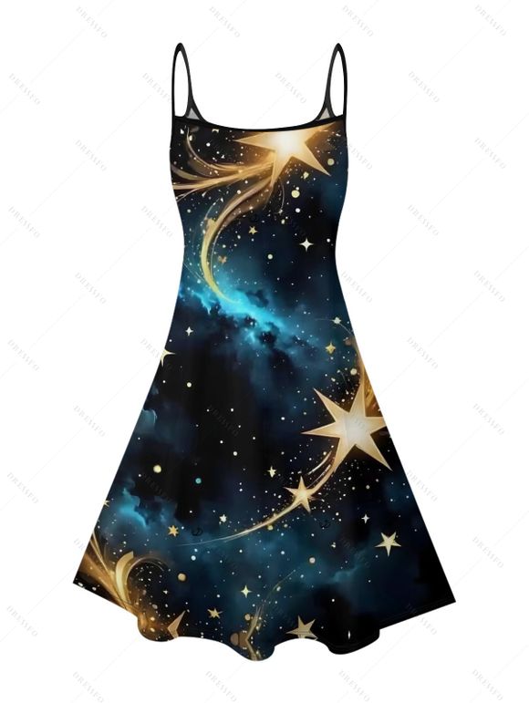 Robe à imprimé étoiles et galaxie, mini-robe à bretelles spaghetti et col en V - Noir L | US 8-10
