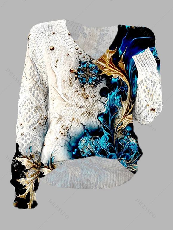 Pull tricoté à imprimé floral colorblock, col en V ajouré - Blanc M | US 6