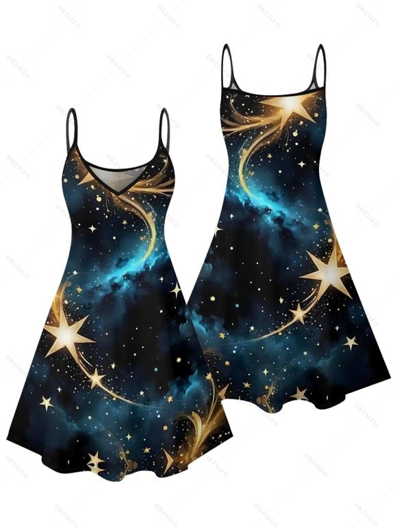 Robe à imprimé étoiles et galaxie, mini-robe à bretelles spaghetti et col en V - Noir L | US 8-10