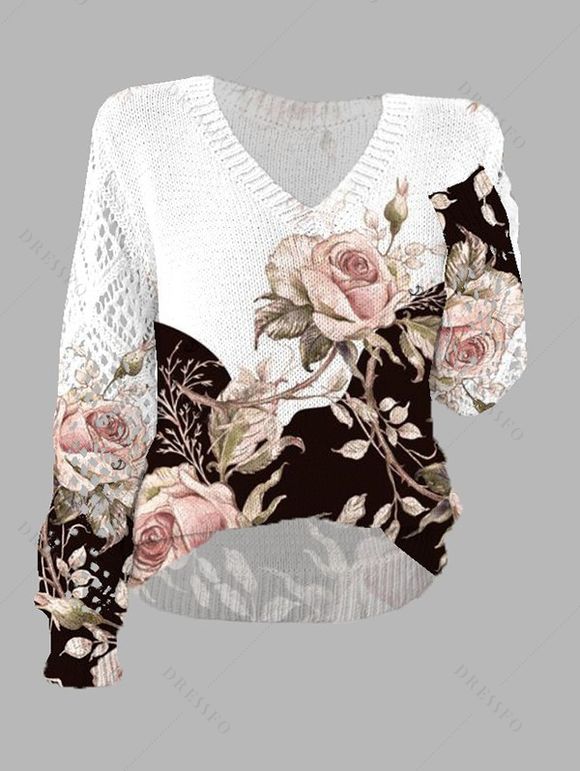Pull tricoté de vacances à imprimé floral et feuilles, col en V ajouré, colorblock - Blanc XL | US 10