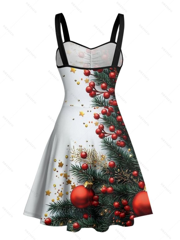 Robe imprimée sapin de Noël et étoiles, mini-robe froncée à col en cœur - multicolor A L | US 8-10