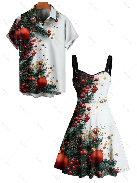 Couple Outfit Christmas Tree Star Print Ruched Dress and Shirt Set - Blanc S | US 4