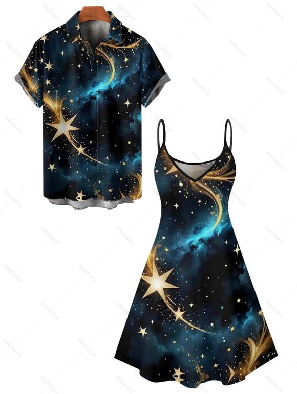 Couple Outfit Star Galaxy Print Spaghetti Strap Dress and Shirt Set - Noir S | US 4