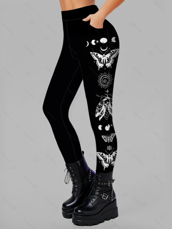 Leggings gothiques taille haute élastiques à imprimé papillon, lune et tourbillon - Noir S | US 4