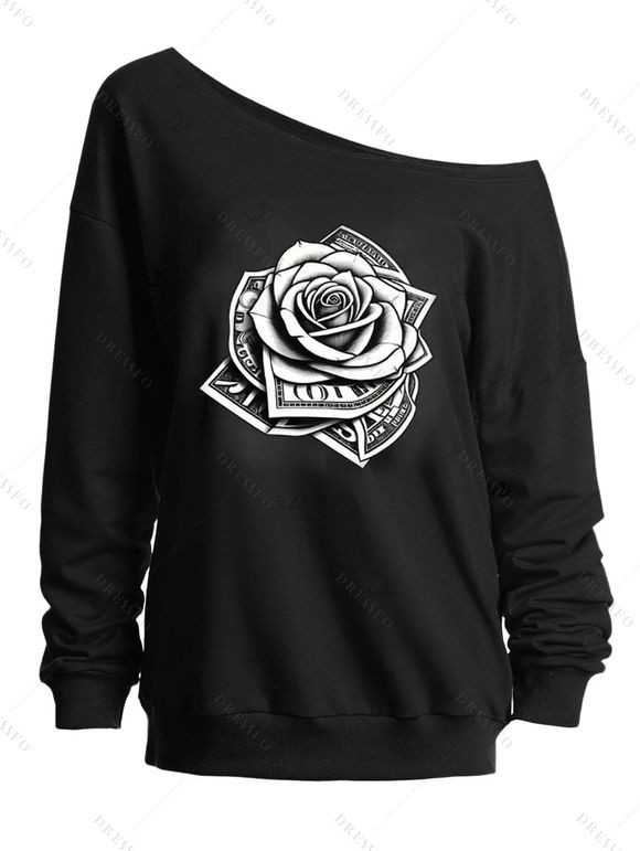 Sweat-shirt décontracté à manches longues et col incliné avec imprimé Rose Cash - Noir M | US 6