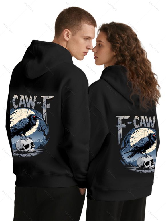 Gothic Couple Hoodie F-CAW-F Raven Skull Moon Print Long Sleeve Hooded Sweatshirt Set - Noir S | US 4