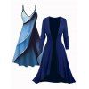 Ensemble robe à bretelles spaghetti imprimée ombrée et haut long ouvert sur le devant - Bleu profond XXL | US 14
