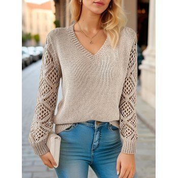 Solid Color Knitted Sweater Hollow Out V Neck Long Sleeve Sweater